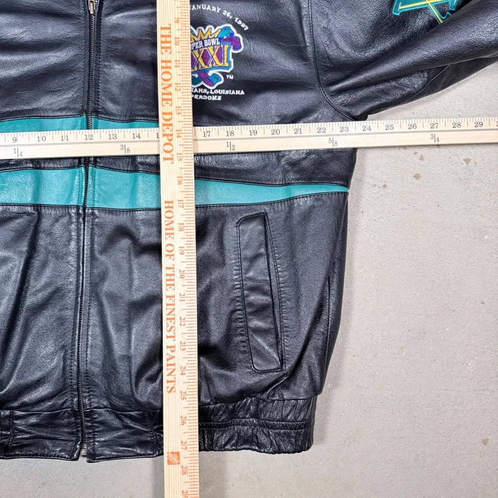 Vintage NFL Super Bowl XXXI Leather Jacket Logo Athletic Men's L Black Teal - Picture 7 of 7